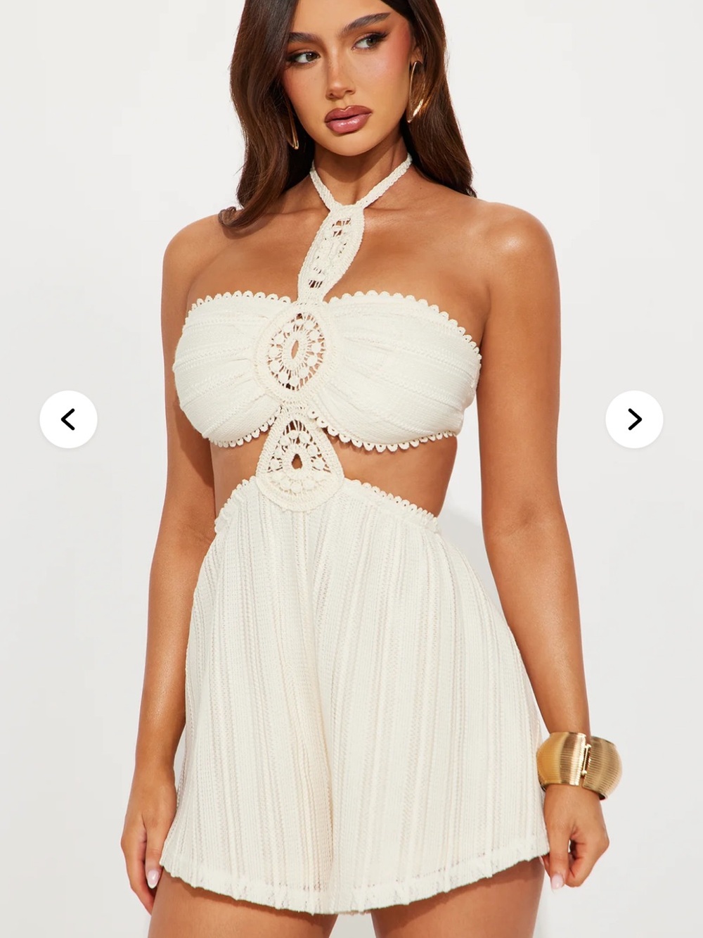 Fashion Nova Cream Crochet Halter Romper
